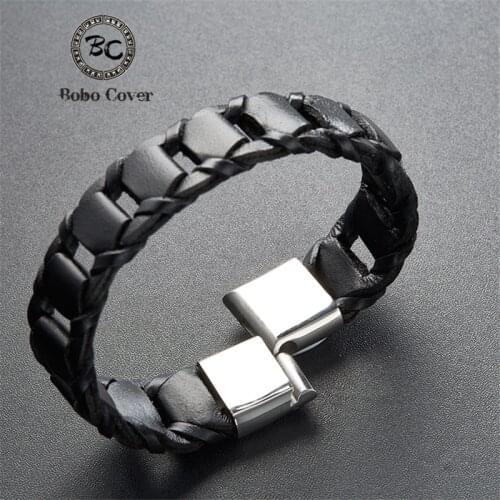 New Fashion Geunine Leather Charm bracelet men fine jewelry tide men Titanium Steel Magnetic Buckle bracelets bangles male femme