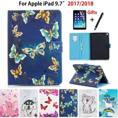 Case For Apple New iPad 9.7" 2017 2018 6th generation A1822 A1893 A1954 Cover Funda Butterfly Cat Painted Stand Shell +Film+Pen