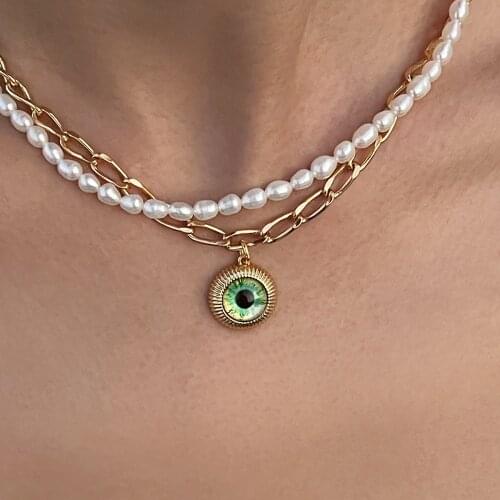 HUANZHI 2021 NEW Bohemia Design 2pcs/set Green Eyes Pendant Double Layer Pearl Metal Necklace For Women Girls Y2K Jewelry
