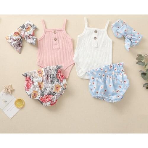 FOCUSNORM 0-24M Lovely Baby Girls Clothes Sets 3pcs Sleeveless Strapless Romper Tops Flowers Shorts Headband