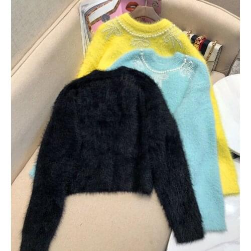 Fashion Ladies 2021 New Long Sleeve Sexy Casual Pure Color Mohair Pearl Sweater 1107