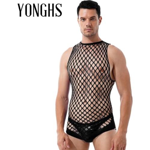 Mens Erotic Lingerie Leotard Transparent Hollow Out Netted Jumpsuit Halter Neck Sleeveless Keyhole Back Stretchy Romper Catsuit