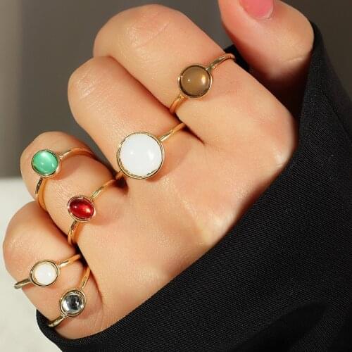 Vintage Gold Color Rings Sets For Women Geometric Round Colorful Stone Metalic Fashion Finger Ring Female Girl Bohemian Jewelry