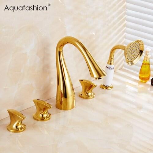 5 PCS Gold Bathtub Shower Faucet Set Swim Bathroom Faucet Shower Hand Sprayer Plate Gold Plated Bathtub Mixer Cover Mount