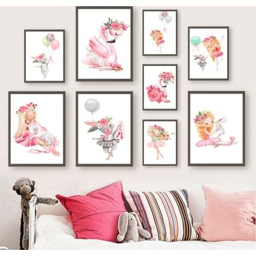 Flower Girl Unicorn Rabbit Balloon Flamingo Cat Wall Art Canvas Painting Nordic Posters And Prints Wall Pictures Kids Room Decor