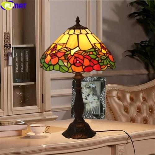 FUMAT tiffany style red rose flower desk lamp green leaf yellow stained glass table light 12inch lampshade handicraft home decor