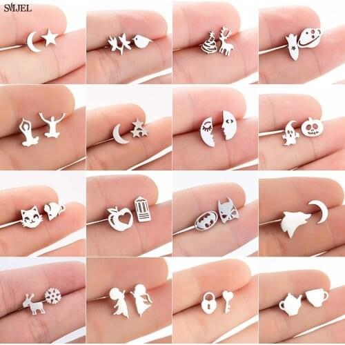 Multiple Mini Stainless Steel Earring Fashion Key Lock Teapot Moon Star Asymmetrical Stud Earrings Women Exquisite Jewelry Gift