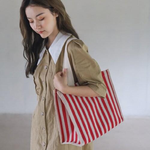 New Style Handbag Stripe Canvas Bag Large Capacity Handbag Supermarket Shopping Bag Book Organizer