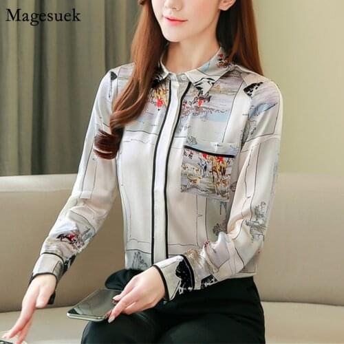 New Spring Summer Top Blouses Women Casual Long Sleeve Button Chiffon Blouse Shirt Printed Office Lady Female Tops Blusas 8193
