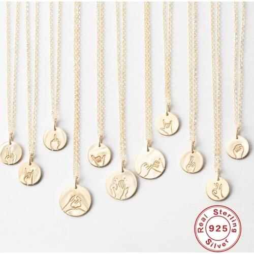 Aide 925 Sterling Silver Hand Gestures Disc Charm Necklace Simple Disk Sign Language ASL Pendant Necklace For Women Girls Gift