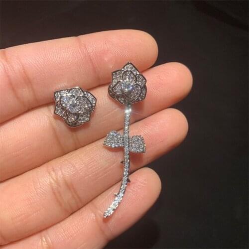 Top Quality Gorgeous Asymmetric Silver Stud Earrings Pave Premium Zircon Rose Flower Earrings For Women INS Jewelry