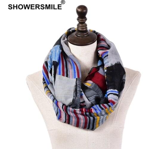 SHOWERSMILE Scarf Women Blue Patchwork Neckerchief Ladies Scarf Ring Ink Painting Women Scarves Fashion Accessories