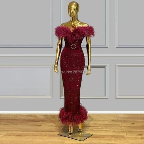 Boat Neck Fuchsia Mermaid Evening Dress Ankle-Length Prom Dress Sash Feathers Robe De Soiree Aibye Sequins Middle East Arabia