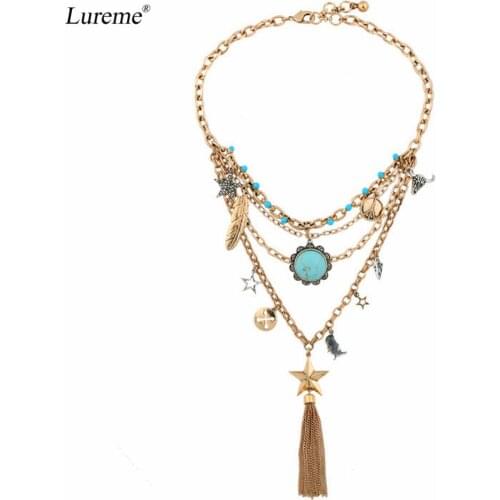 Lureme Boho Vintage Multilayer Necklace with Blue Stone Flower Tassel Star Feather Pendants (nl005815)