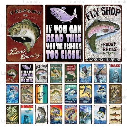 Fishing Vintage Posters Metal Tin Sign Tuna Salmon Fish Wall Art Home Decorations For Fishing Club Iron Plate Fishers Man Rules