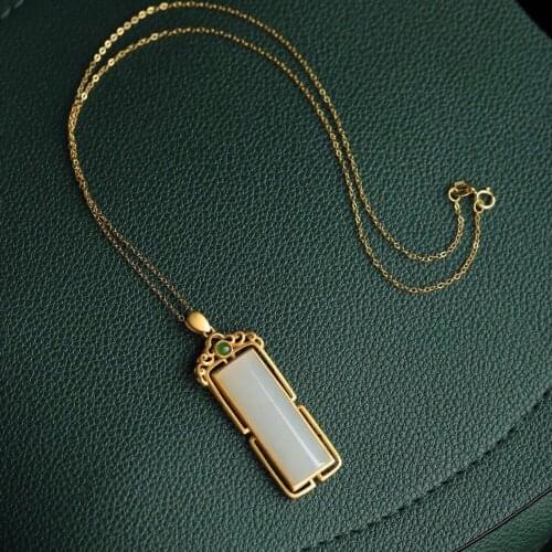 High-End Custom Simple Elegant Natural White Jade Lucky Pendant Pendant S925 Sterling Silver Gilding Antique Design Necklace