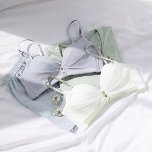 Wasteheart Women Fashion Pink Gray Bra Bralette One-Piece Cotton Panties Bra Sets Trim Sexy Lingerie Sets Wireless Underwear A B