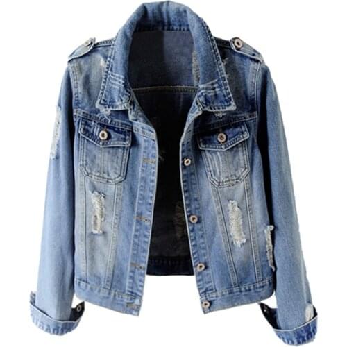 2021 Denim Jacket Autumn Blue Korean Women Clothes Hole Long Sleeve Lapel Epaulet Cazadora Vaquera Mujer Veste En Jean Courte