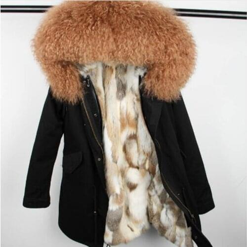 2020 New Fashion womens Winter Real Rabbit Fur Lined Jacket Coat Natural Wool Hooded Fur Collar Park