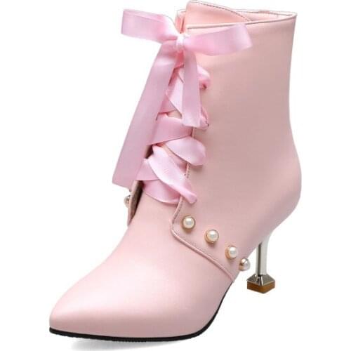 Big Size 9 10 11-13 boots women shoes ankle boots for women ladies boots shoes woman winter Cross strap with pearl tips