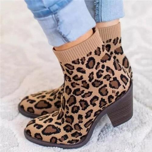 2020 Autumn Winter Knitted Sock Boots Elastic Stretch Shoes Woman Ankle Boots Leopard Fashion Square Heels Ladies Booties Plus