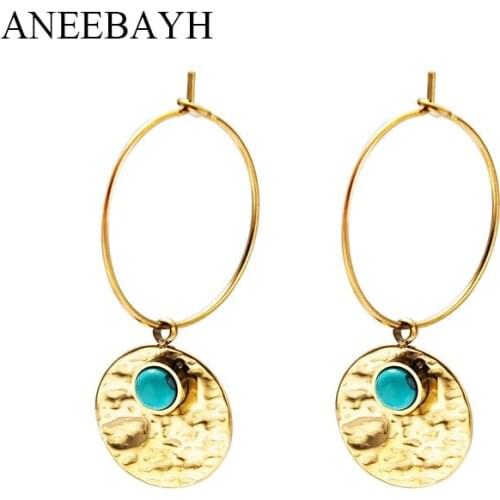 Boho Natural Stone Charm Hoop Earrings For Women Stainless Steel Thick Round Circle Gold Earrings Jewelry bijoux ete 2021 Gift