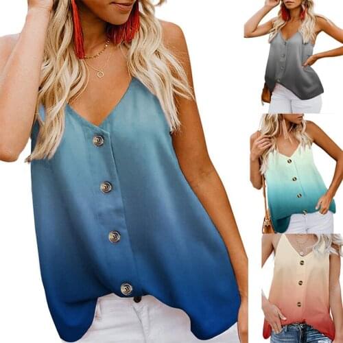 Sexy Solid V-Neck Buttons Vests Women Casual Loose Gradient Print Female Tank Tops Summer Elegant Sling Sleeveless Camisole Tops