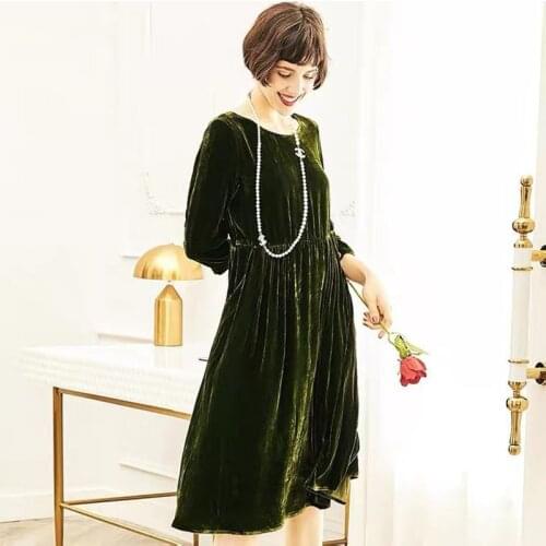 New 2020 Fall Winter Womens Dress Elegant Three Quarter Sleeves Midi Dress Loose Casual Pleated Velvet Dress Plus Size M-7XL