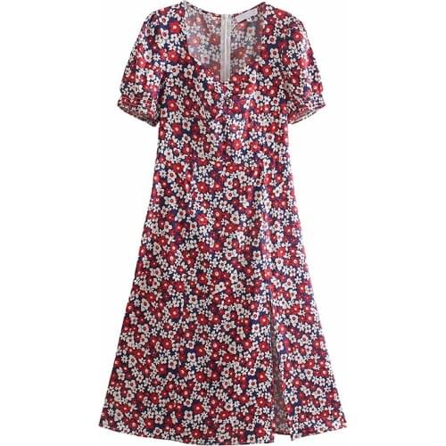 YENKYE Vintage Multicolor Floral Print Dress Women V Neck Short Sleeve Summer Ladies Dress Sexy Slits A-line Midi Vestido