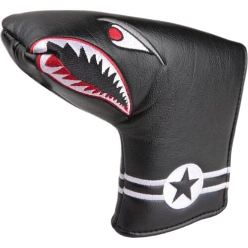 1Pc Black PU Leather with Shark Embroidery Magnet Golf Blade Putter Head Cover Golf Club Putter Headcover