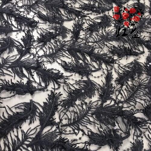 130*100CM Black Applique DIYHeaddress scarf veil feather sequined Embroidered Lace Fabric Patch free shipping