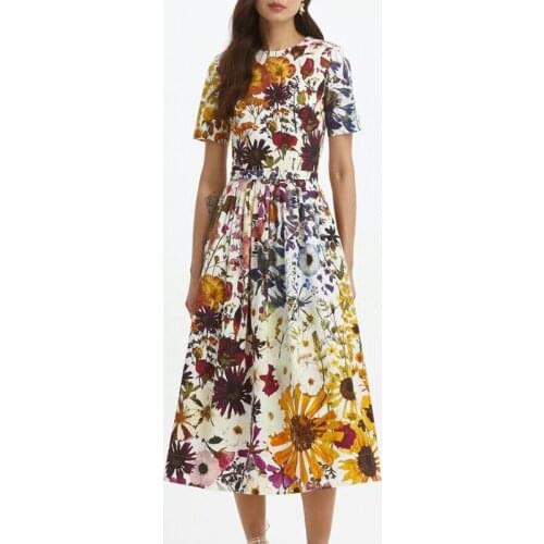 2021 Summer Designer Fashion Flower Printed Dress Runway New Women Vintage Elegant Dresses