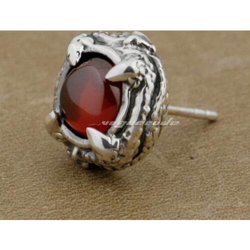 925 Sterling Silver Round Claw Red CZ Stone Biker Stud Earring 8R023