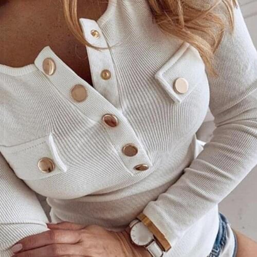 2020 Sexy Women Long Sleeve Solid Color Buttons Ribbed Slim Plus Size Low-cut Blouse Tops Autumn BlouseT-shirt
