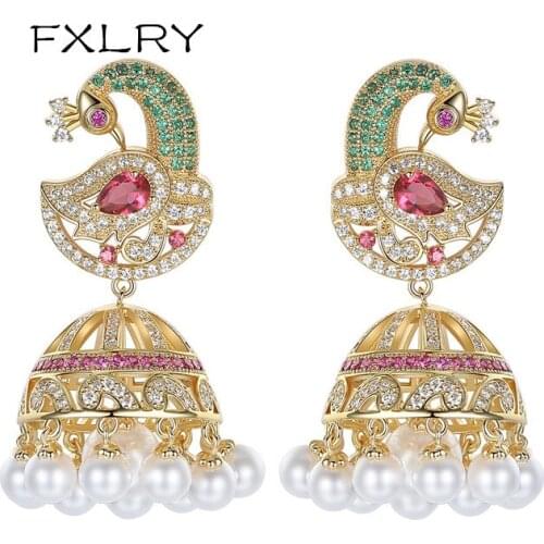 FXLRY New Design Multi Color Cubic Zircon Simulated Pearls Big Multi Phoenix Drop Earrings Women Bride Jewelry