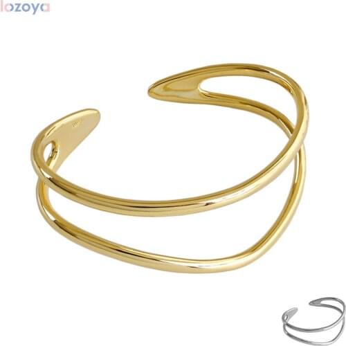 LOZOYA New 925 Sterling Silver Gold Luxury Gift Wedding Two Line Circle Bangle Bracelet Luxury Women Fashion Fine Rock Punk
