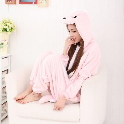 Cute Winter Cartoon Animal Sleepwear One-piece Dinosaur Onesies Adults Christmas Halloween Cosplay Costume Pink Pockets Pajamas