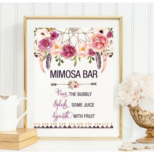 MIMOSA BAR Bohemian Bridal Shower Sign Canvas Art Print Poster Watercolor Floral Dreamcatcher Painting Bridal Shower Decoration