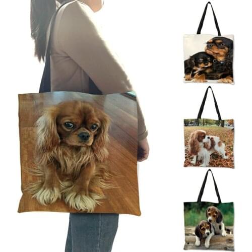 Reusable Shopping Bag Cute Charles Spaniel Dog Print Tote Handbags For Women Girls School Traveling Shoulder Bags Portable