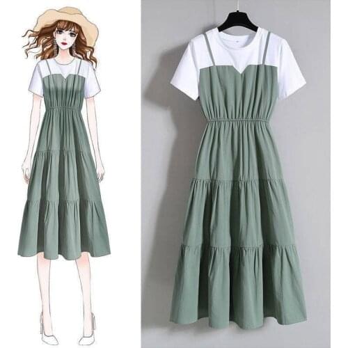 New Large Fashion Strap Fake Two-Piece Dress Summer Large Girls Waist Hugging Slim Short-Sleeve Dress Women