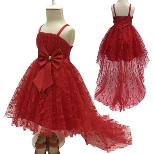 New Flower Girls Dresses Children Fashion Suspender Lace Dresses with Bow and train Fashion Kids Birthday Wedding Dress