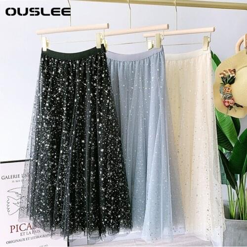 OUSLEE High Quality Elastic High Waist Long Tulle Skirt Women 2021 Summer Fashion Stars Sequined Mesh Tutu Skirts Vestidos Mujer