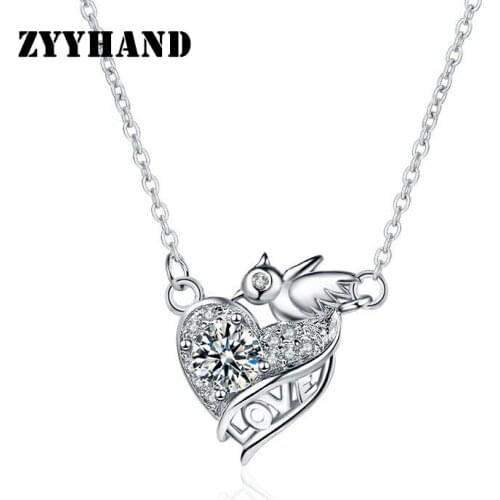 Platinum-Plated Women Birds Heart Necklace Lady Clean Stone AAA Zircon LOVE Gift Girl Wedding Party Cross Chain Neck Jewelry