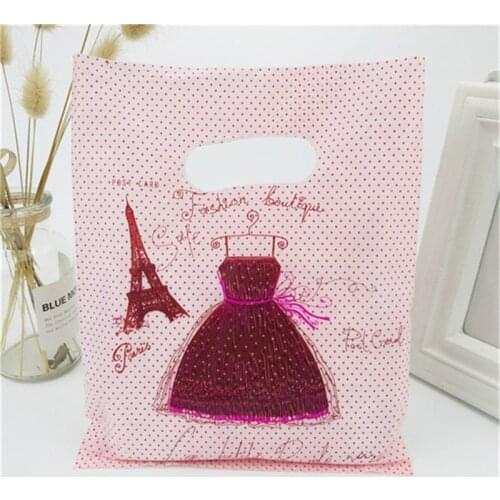 100pcs Dress Print Pink Plastic Bag 20x25cm Big Jewelry Boutique Gift Packaging Plastic Shopping Bags With Handle
