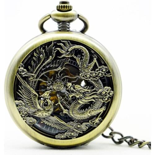 Retro Dragon and Phoenix carving hollow Skeleton steampunk mechanical pocket watch Roman numeral mens and womens pendant