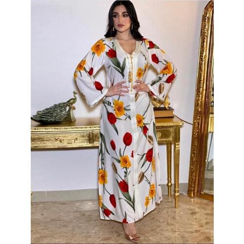 Turkey India Muslim Abaya Dress Women Ribbon V Neck Ethnic Maxi Long Dresses Floral Print Dubai Islamic Clothing Moroccan Kaftan