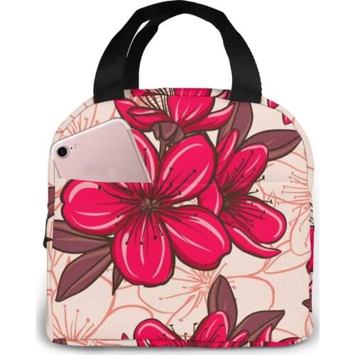 Cherry Blossom Pattern Lunch Bag Portable Insulated Thermal Cooler Bento Lunch Box Tote Picnic Storage Bag Pouch