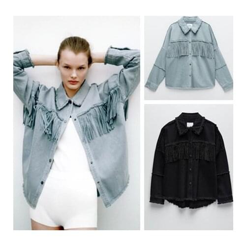 TRAF 21 spring and summer new product Lapel wash denim light ripe wind Sequin inlaid with diamond tassel denim jacket female
