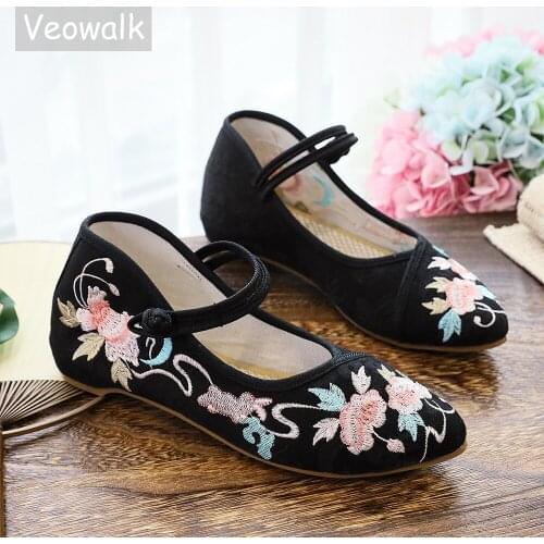 Veowalk Butterfly Embroidered Women Cotton Fabric Ballet Flats Pointed Toe Comfortable Soft Canvas Walking Shoes for Ladies
