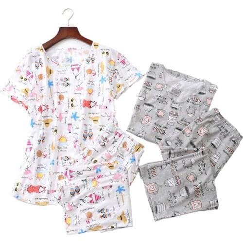 Women Pajamas Set Summer Korean Style Sweet Cartoon Printed Sleepwear Ladies Comfort Soft Large Size Top+Pants 2Pcs Homewear